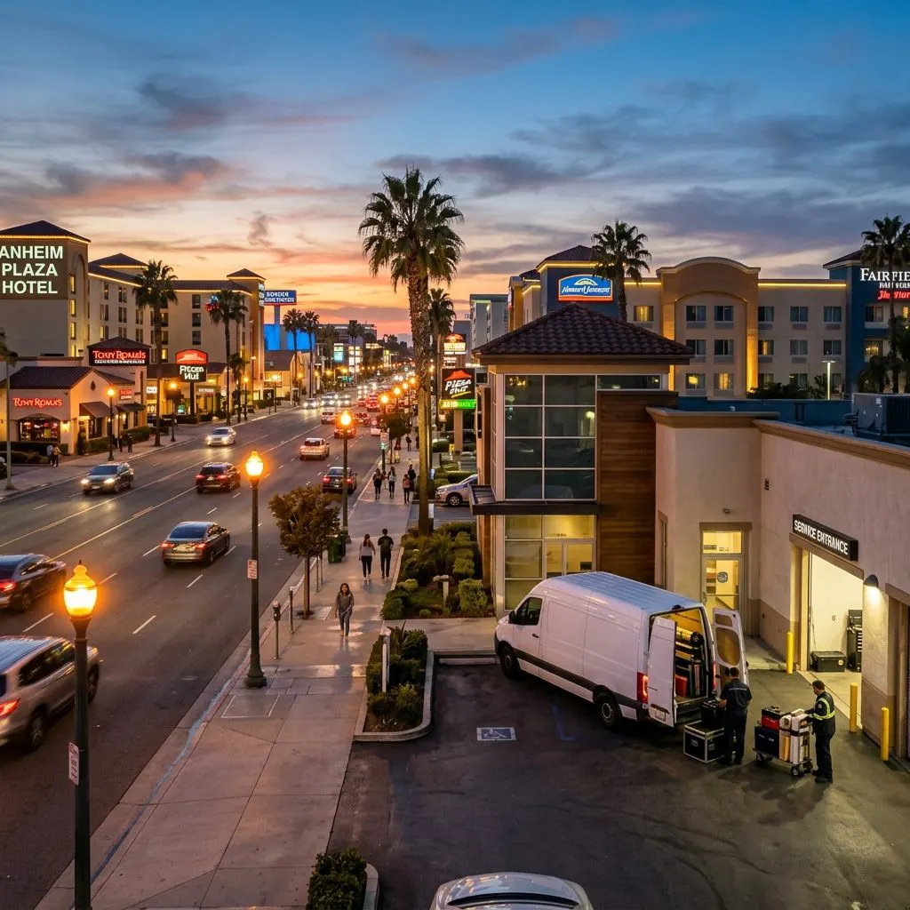 Anaheim commercial district at dusk with professional after-hours cleanup service at a hotel or restaurant - Anaheim, CA