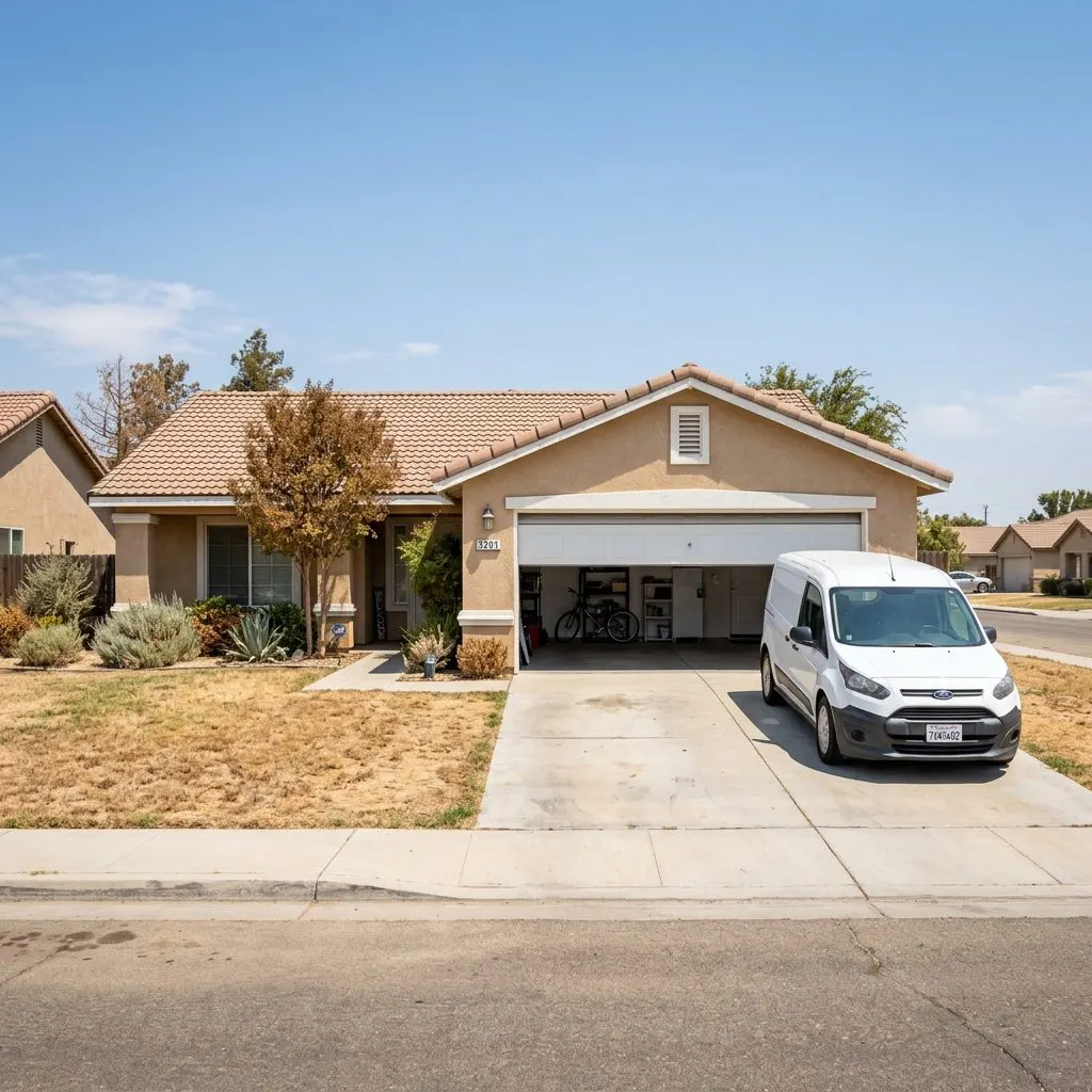 Bakersfield California home garage area where extreme heat affects trauma scene cleanup and vehicle contamination - Bakersfield, CA