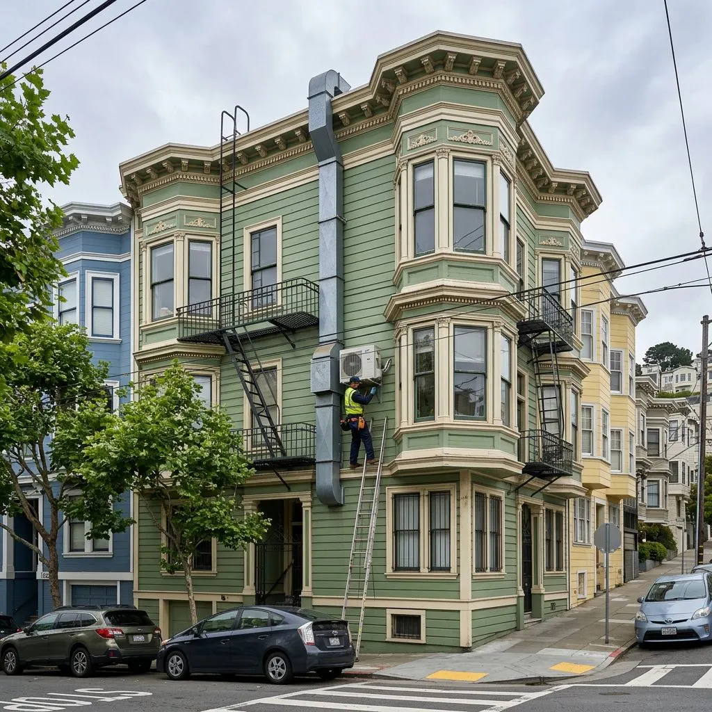 Victorian Bay Area apartment building where shared walls and ventilation affect blood cleanup procedures - Bay Area, CA