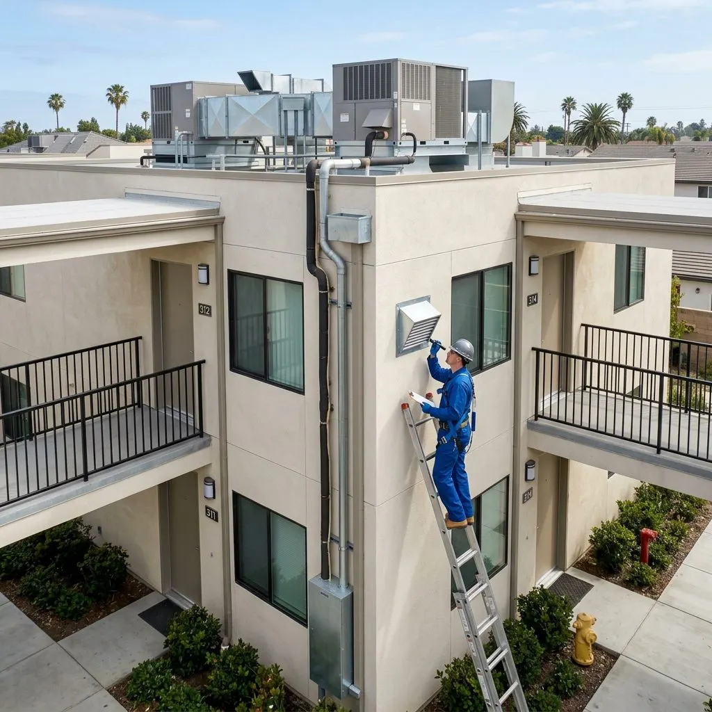 California apartment building cross-section showing how odor migrates between units through shared walls and HVAC - California