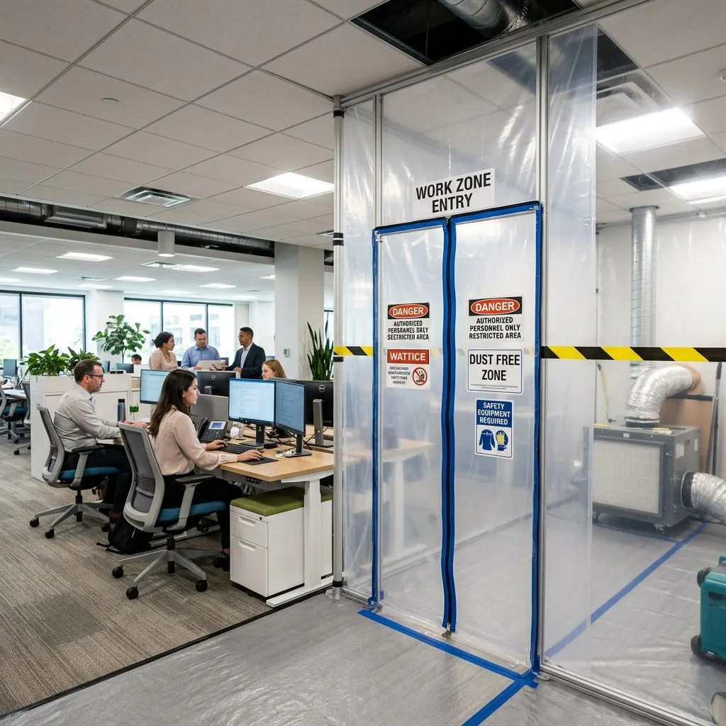 California commercial building where unaffected areas remain open during professional trauma cleanup in isolated zones - California