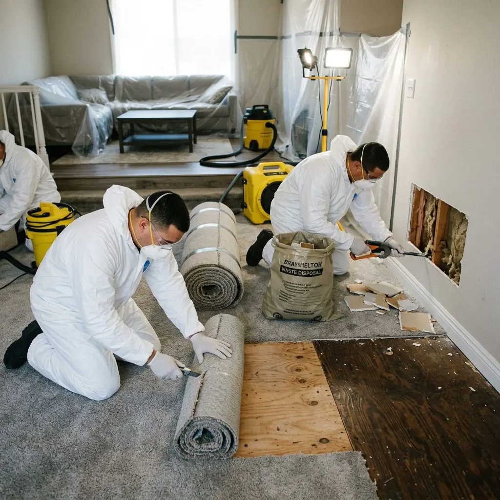 Cross-section view of carpet, padding, subfloor, and drywall layers affected during professional blood cleanup - California