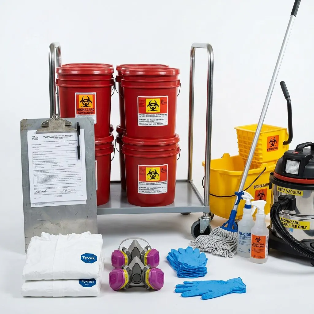 Professional trauma scene waste management practitioner equipment and documentation in California - California