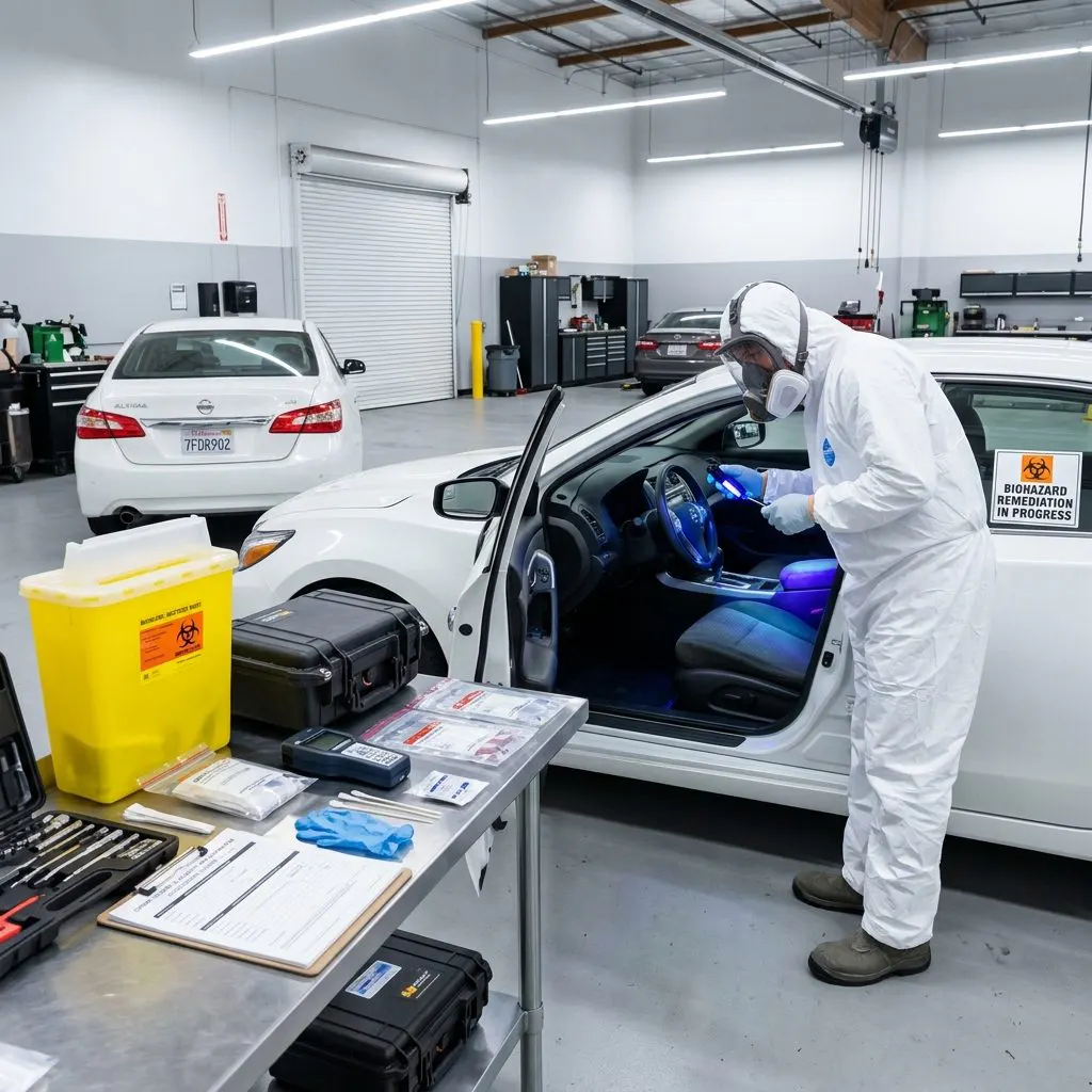 Professional vehicle biohazard cleanup assessment showing contaminated interior materials in California - California