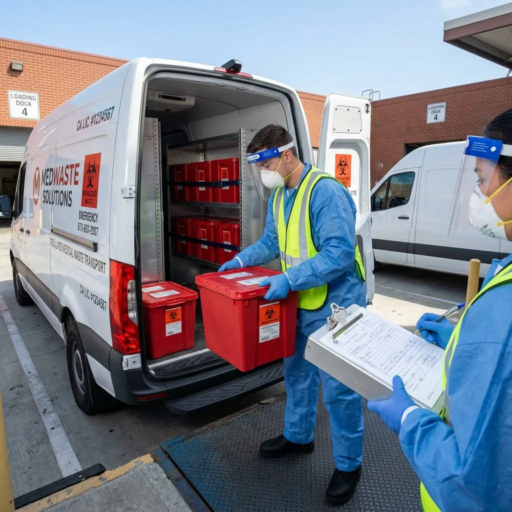 Sealed red biohazard containers prepared for regulated transport to a permitted treatment facility in California - California