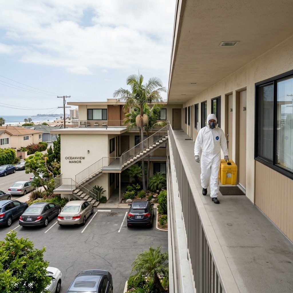 Mid-century Long Beach apartment building where property managers coordinate professional trauma cleanup services - Long Beach, CA