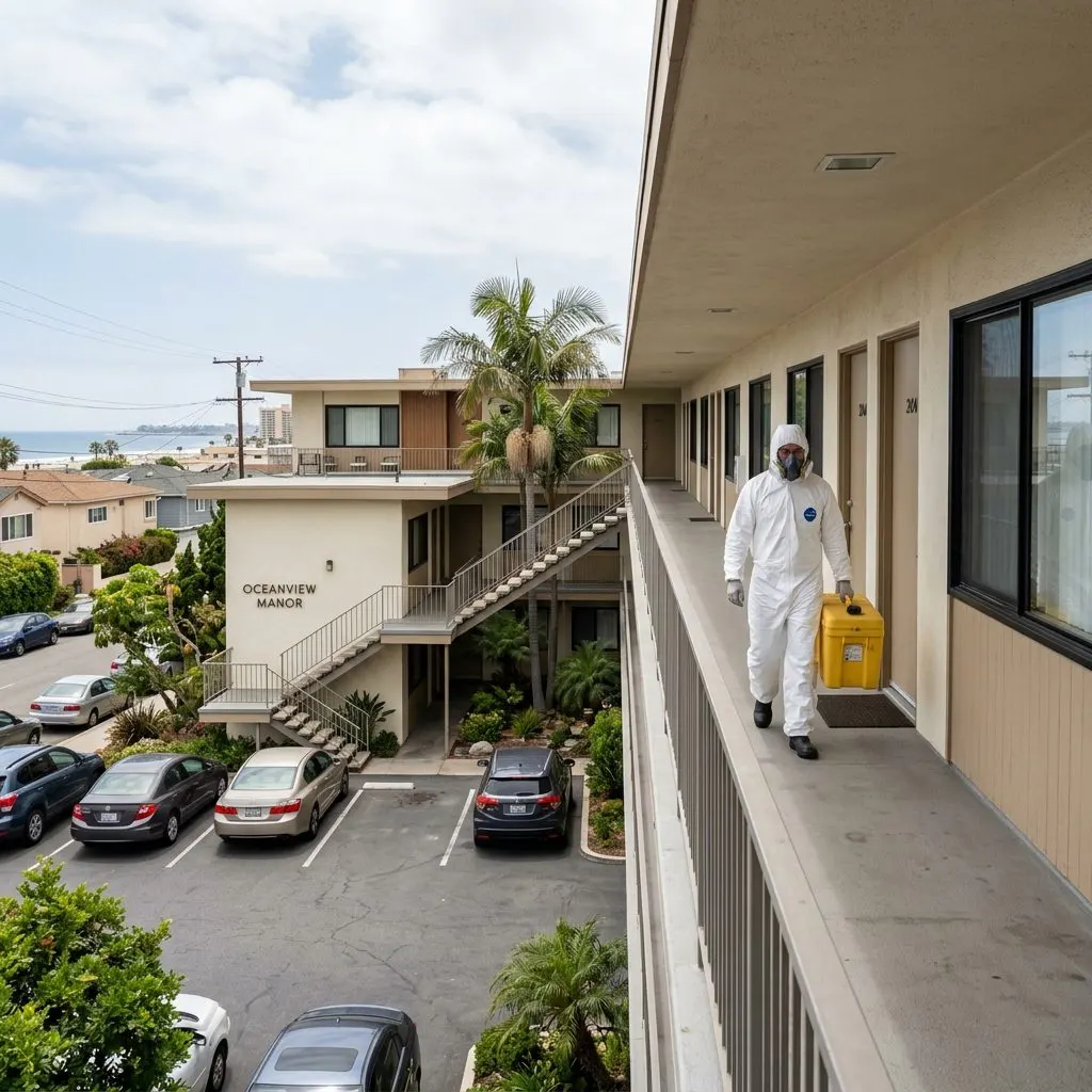 Mid-century Long Beach apartment building where property managers coordinate professional trauma cleanup services - Long Beach, CA