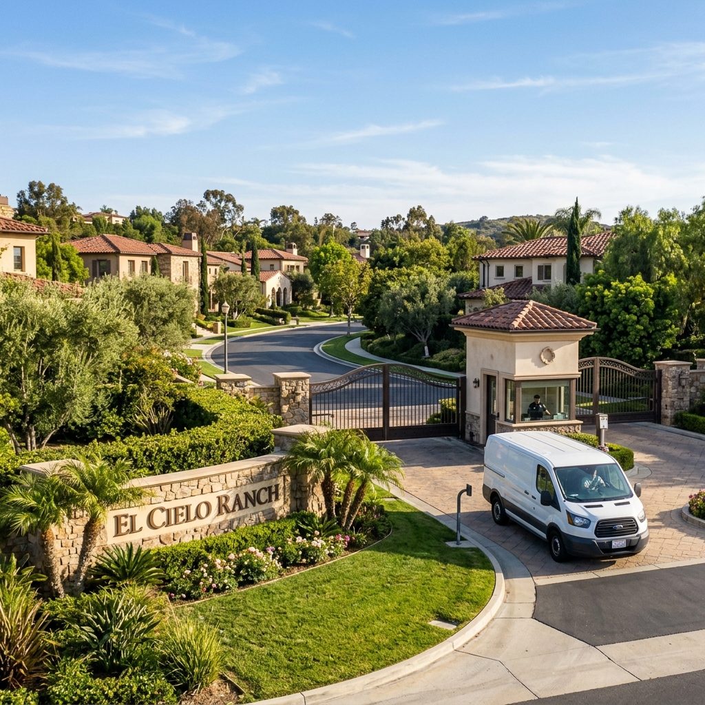 Unmarked service vehicle approaching a gated community entrance in Orange County for discreet unattended death cleanup - Orange County, CA