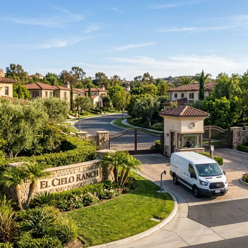 Unmarked service vehicle approaching a gated community entrance in Orange County for discreet unattended death cleanup - Orange County, CA