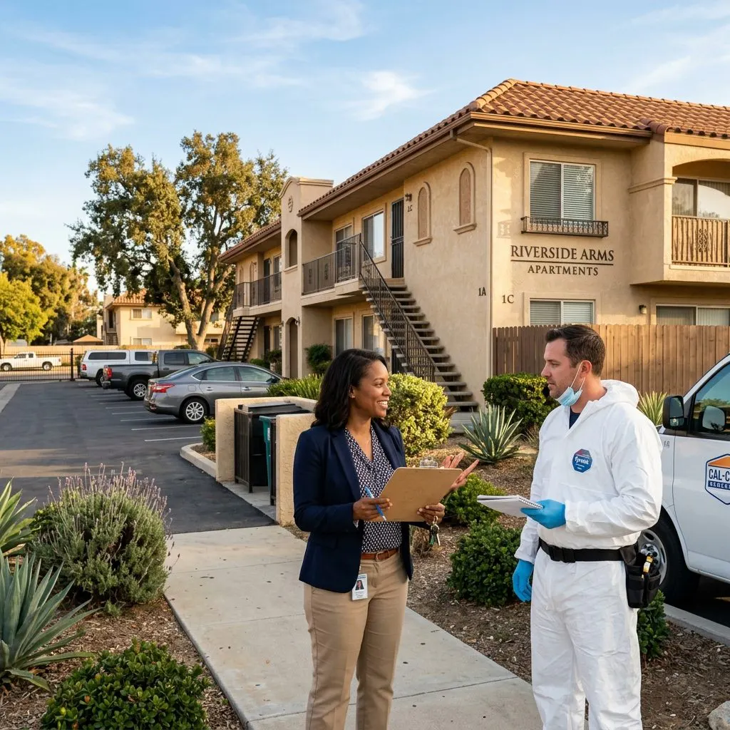 Property manager coordinating with remediation technician at a Riverside California rental property - Riverside, CA