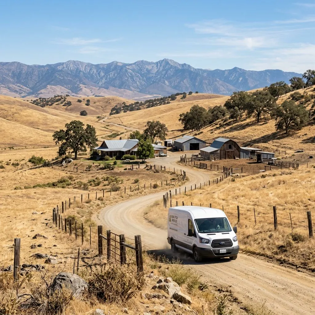 Remote rural California property on a long gravel road where travel distance and access affect cleanup logistics - Rural California