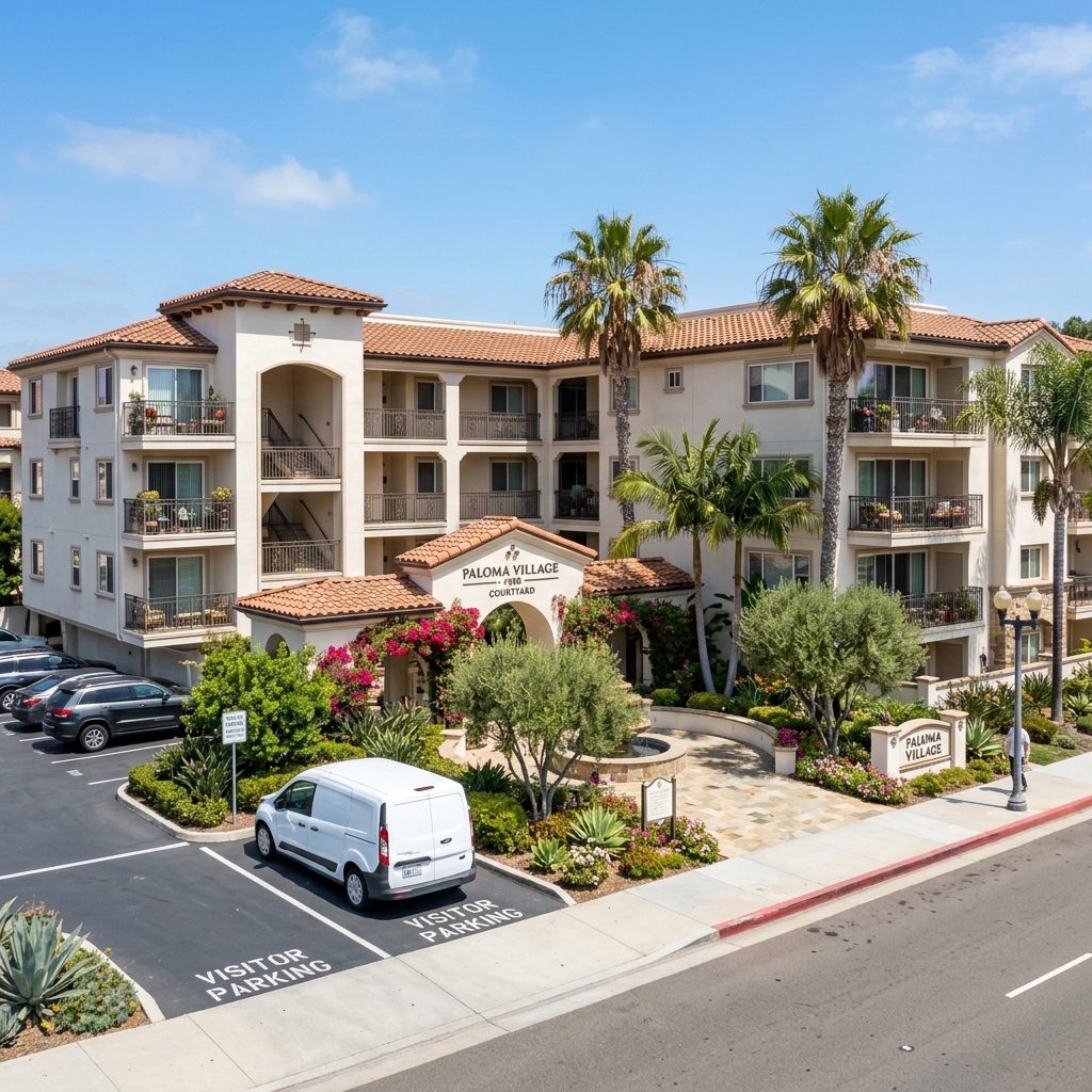 Modern San Diego condominium complex with shared hallways where professional remediation requires multi-unit coordination - San Diego, CA