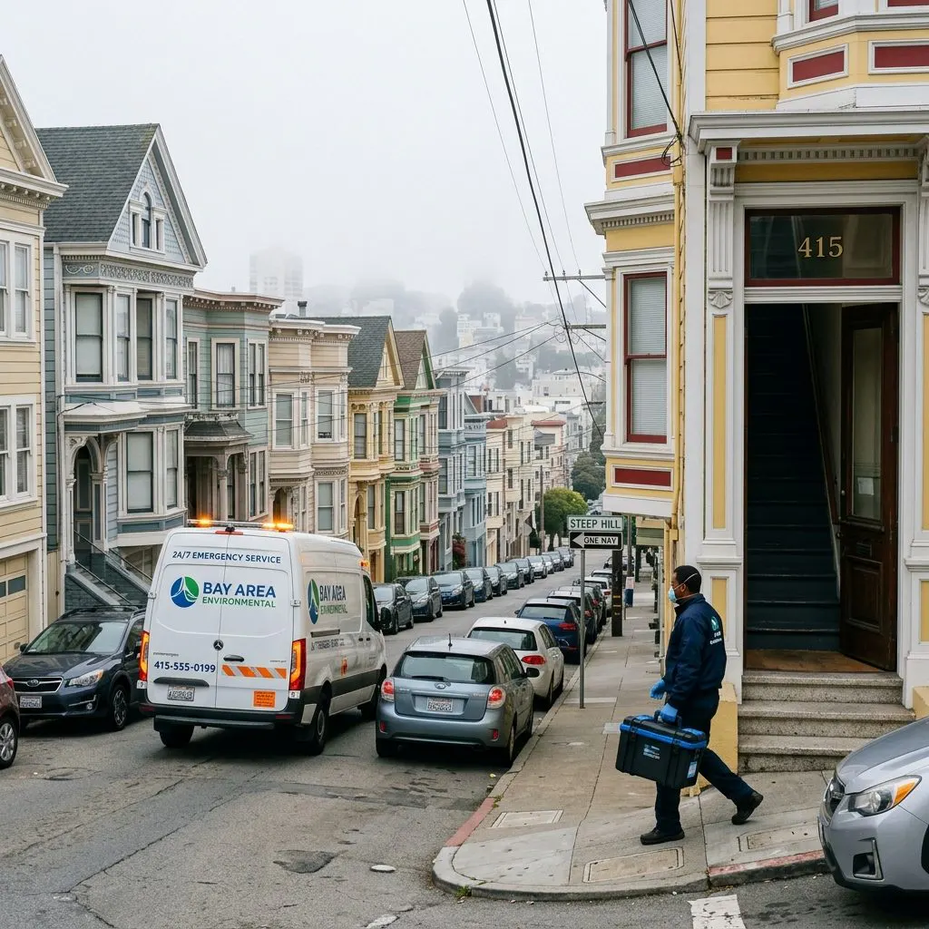 San Francisco steep narrow street where building access challenges affect trauma scene cleanup logistics - San Francisco, CA