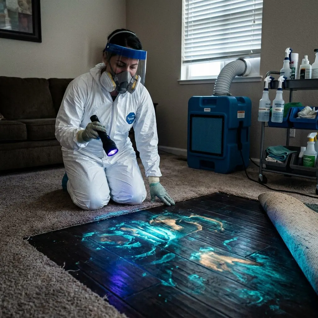 Biohazard technician using UV inspection equipment to detect hidden bodily fluid contamination in a California residence