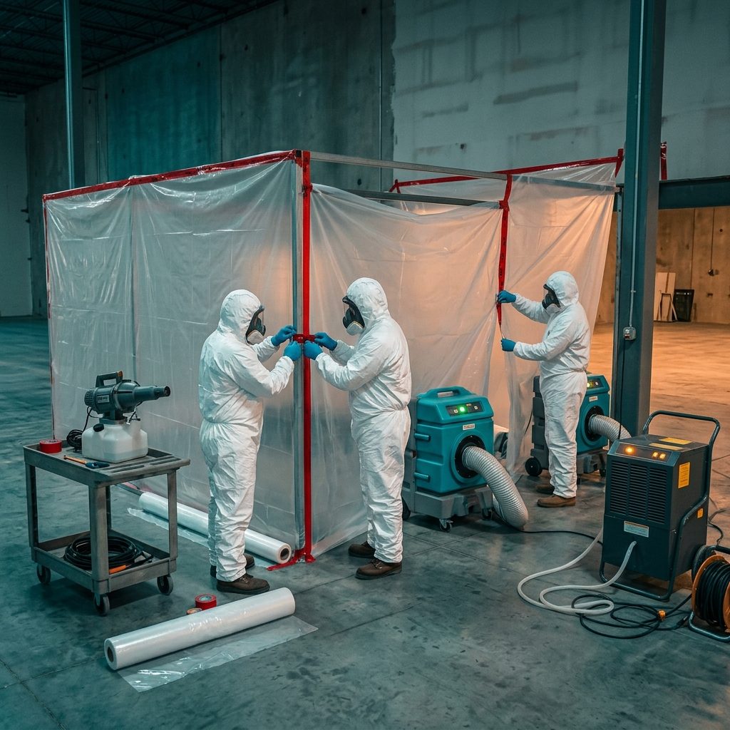 Professional decomposition cleanup team setting up containment barriers and HEPA filtration inside a California property