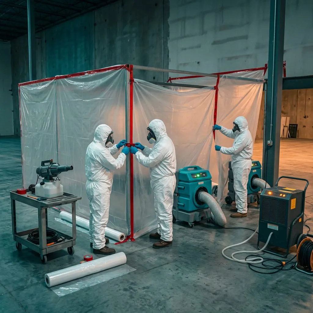 Professional decomposition cleanup team setting up containment barriers and HEPA filtration inside a California property