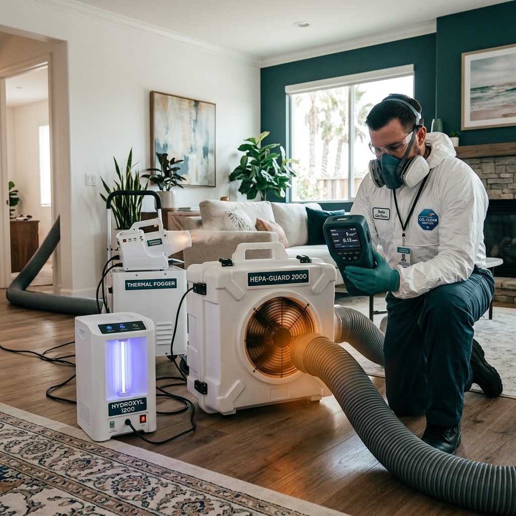 Professional odor remediation equipment including hydroxyl generator and HEPA air scrubber operating inside a California home