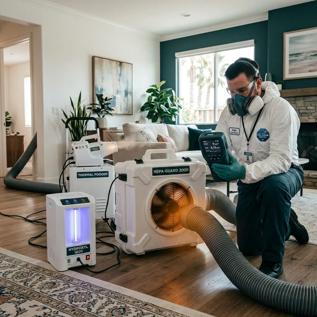 Professional odor remediation equipment including hydroxyl generator and HEPA air scrubber operating inside a California home