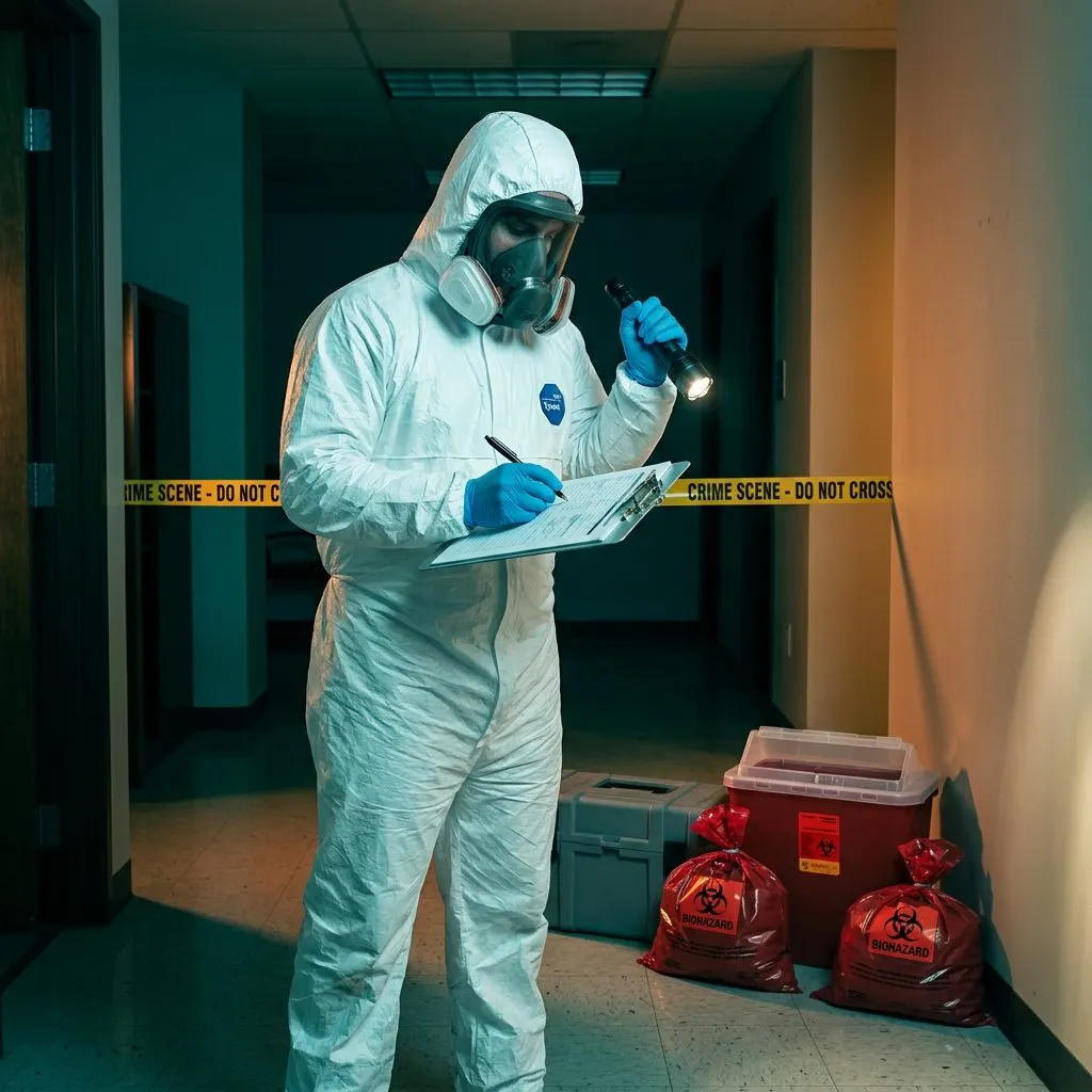 Professional homicide cleanup crew in full PPE conducting post-investigation remediation at a California property