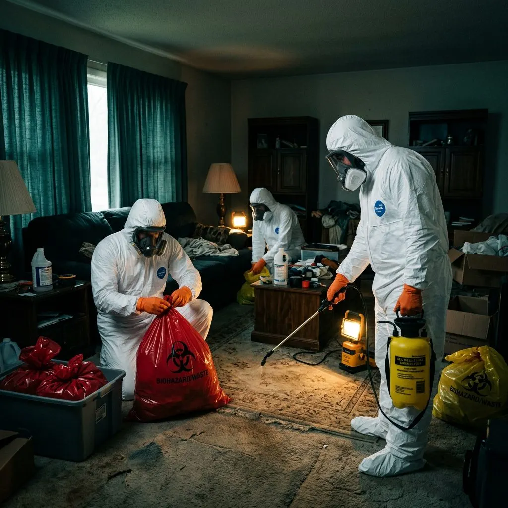 Professional suicide cleanup technician in PPE preparing for discreet residential remediation in California