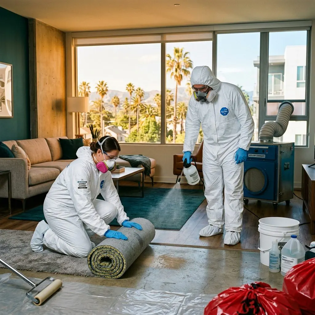 Professional trauma scene cleanup technicians in PPE working inside a California apartment with containment barriers